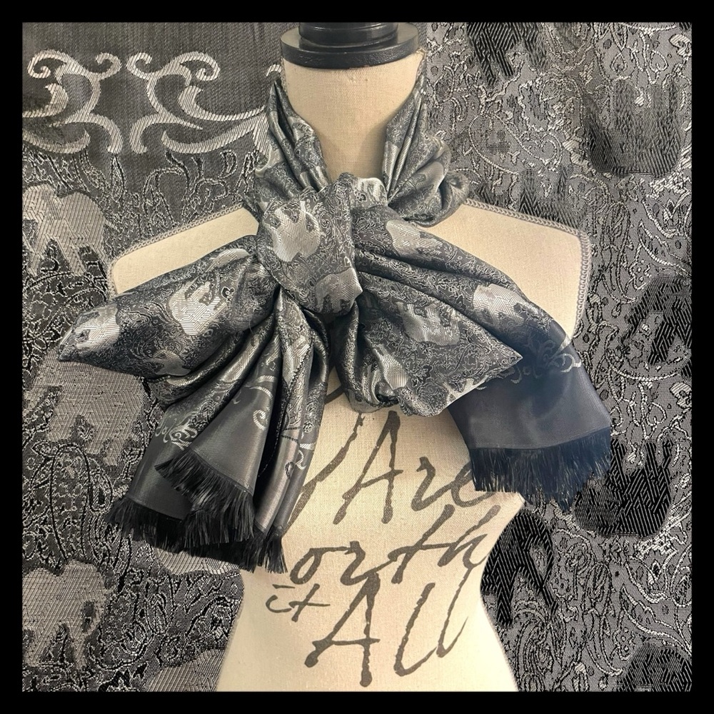 Black/Grey/Silver Fringe Elephant Reversible Silky Scarf Wrap Shawl - Picture 3 of 11